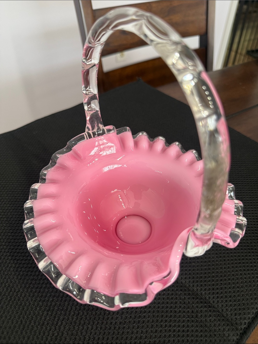 Pink Ruffled Glass Basket with Clear Handle - Picture 4 of 7